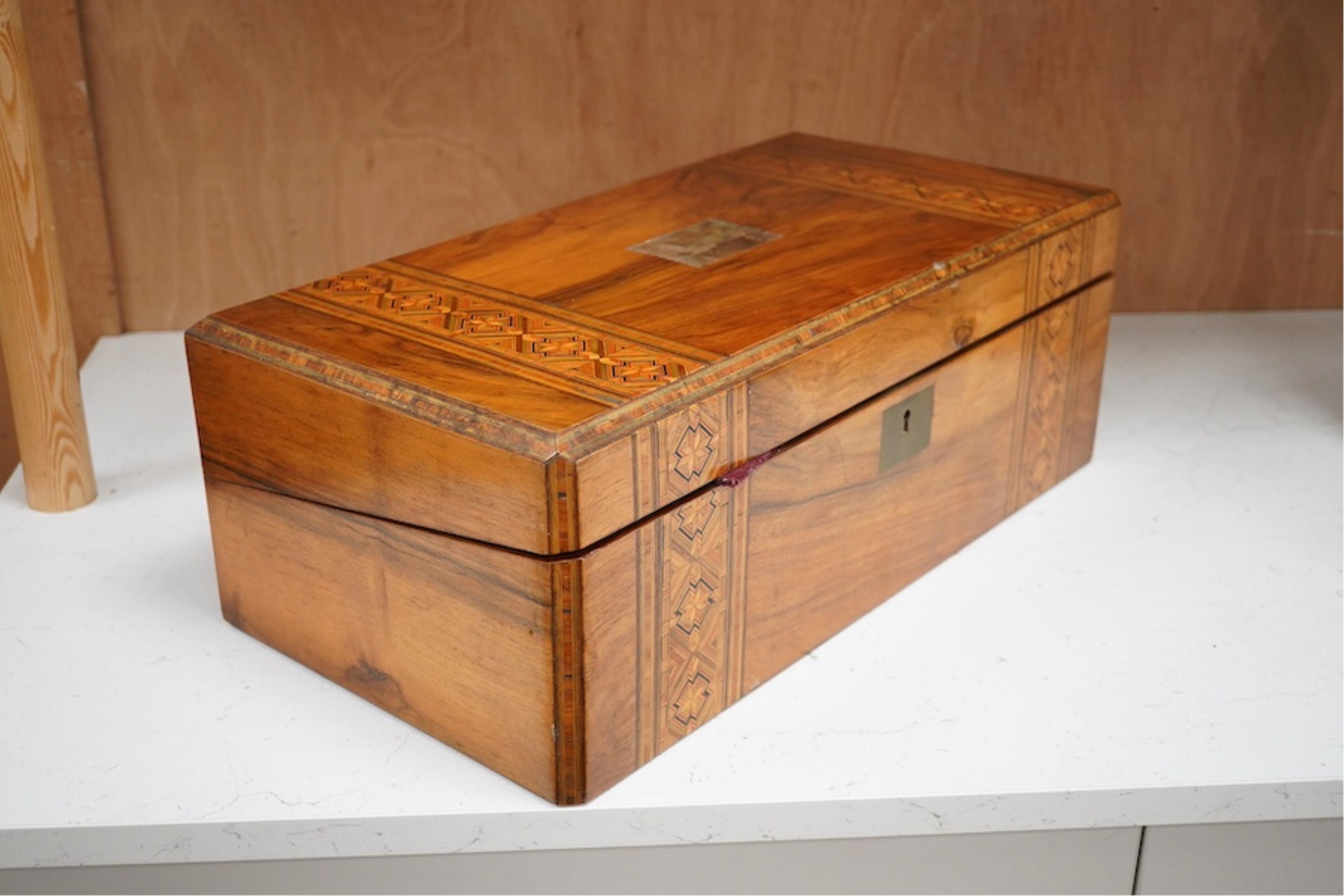 A Victorian inlaid walnut writing slope, 45cm wide x 26cm deep. Condition - brass plaque missing